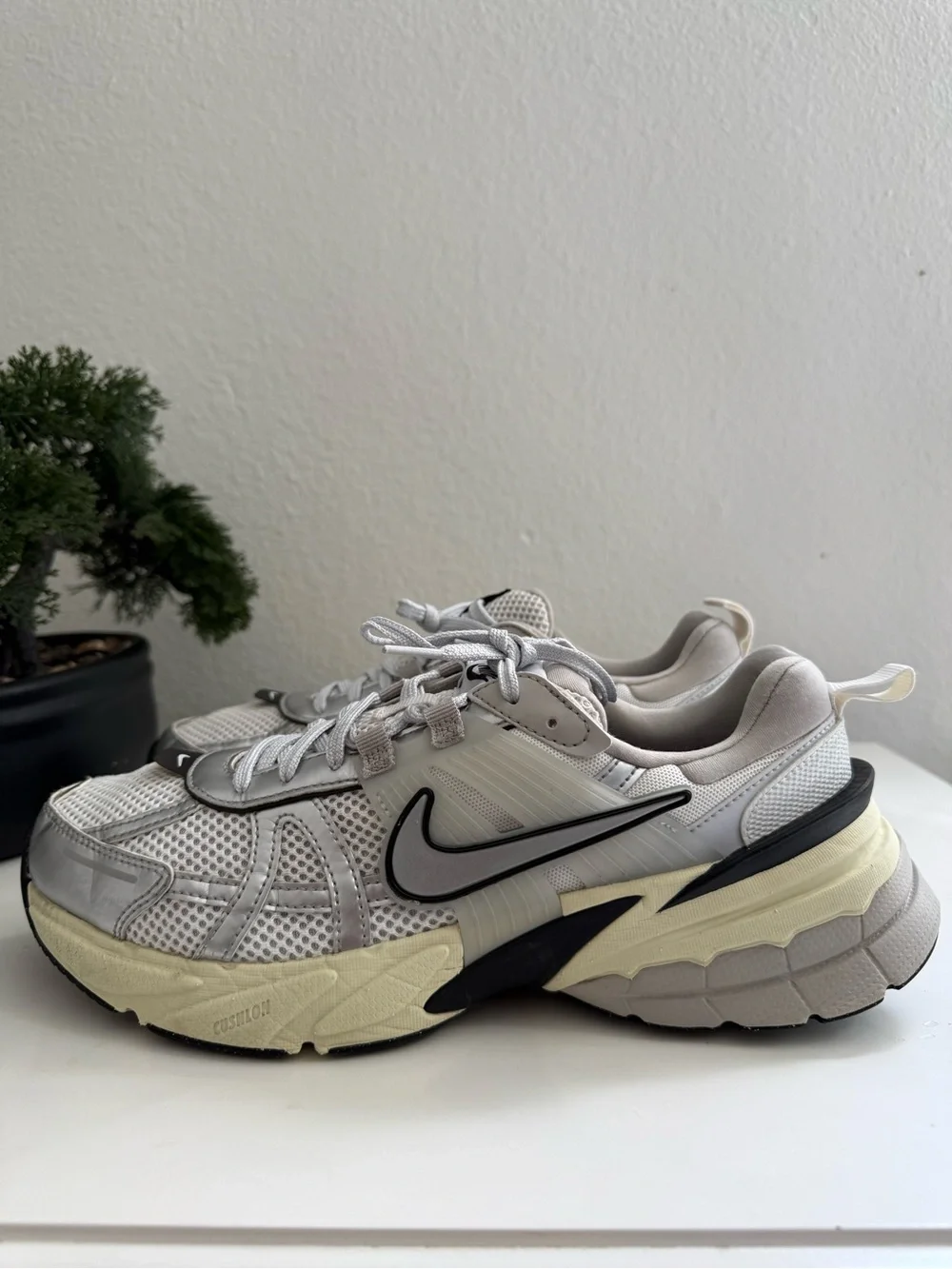 Nike V2k women size 9.5 Silver, White & Black Women's Chunky Lace-Up Sneakers